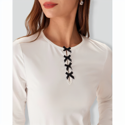 White Contrasting Bowknot Slim Tee