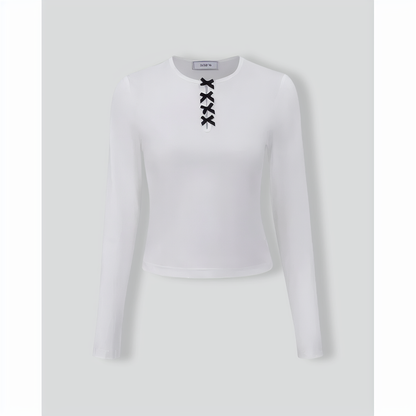 White Contrasting Bowknot Slim Tee