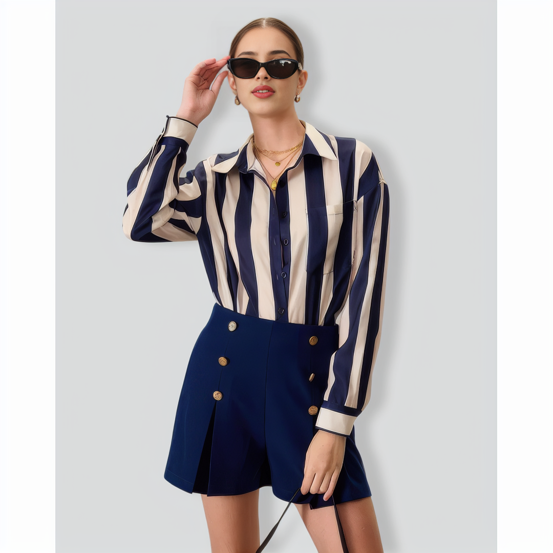 Women's Navy Lapel Long-Sleeve Striped Shirt