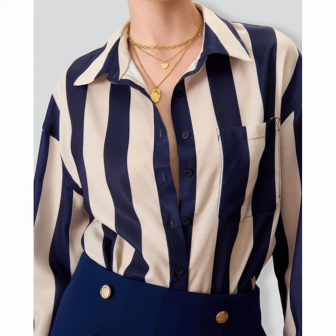 Women's Navy Lapel Long-Sleeve Striped Shirt