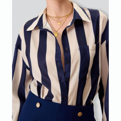 Women's Navy Lapel Long-Sleeve Striped Shirt