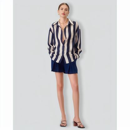 Women's Navy Lapel Long-Sleeve Striped Shirt