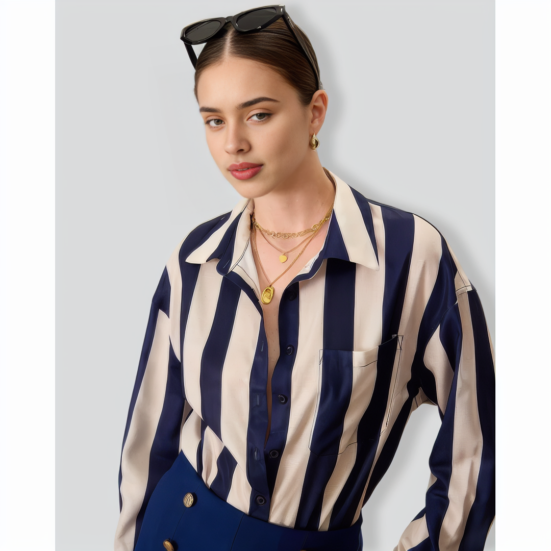Women's Navy Lapel Long-Sleeve Striped Shirt