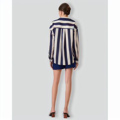 Women's Navy Lapel Long-Sleeve Striped Shirt