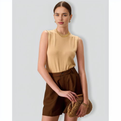 Women's Khaki Crew Neck Ribbed Tencel Tanks
