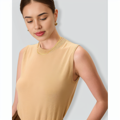 Women's Khaki Crew Neck Ribbed Tencel Tanks