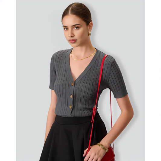 Women's Grey V-Neck Slim Ribbed Knit Top