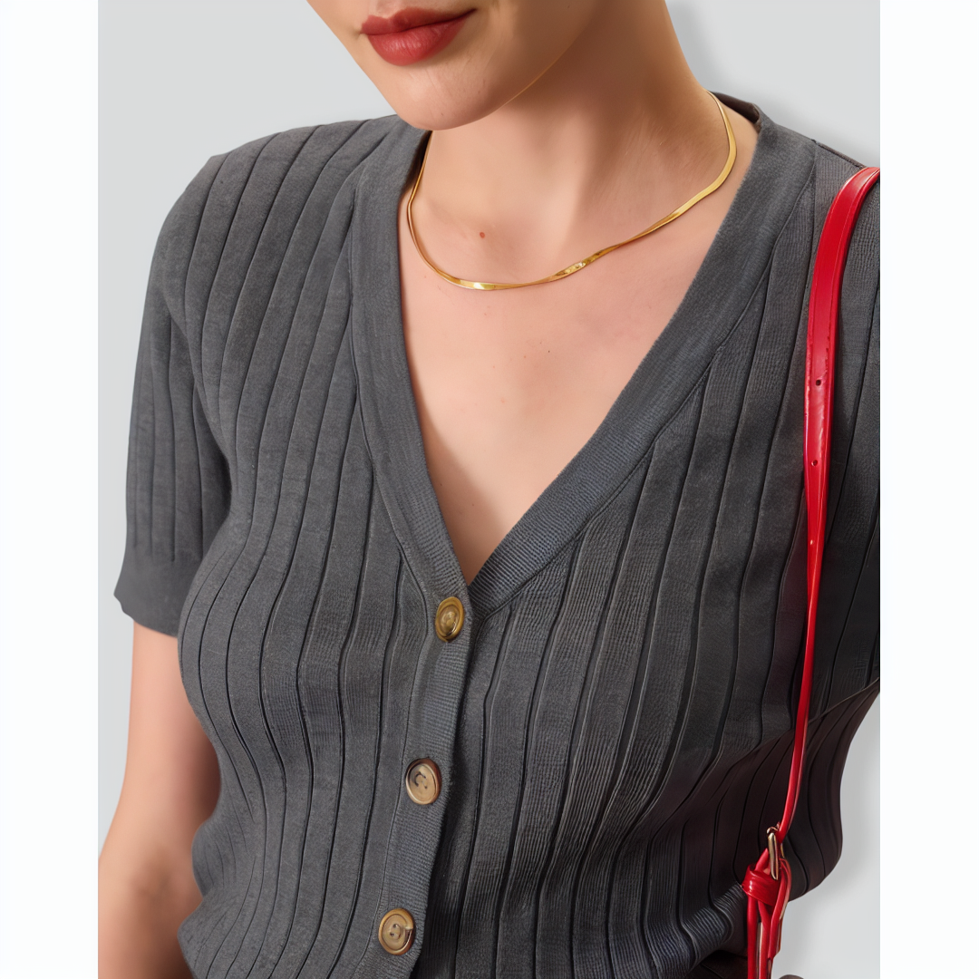 Women's Grey V-Neck Slim Ribbed Knit Top