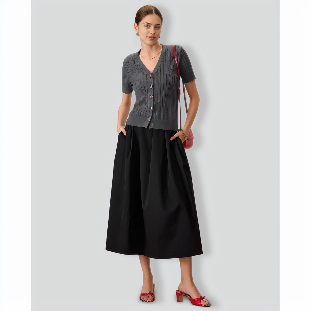 Women's Grey V-Neck Slim Ribbed Knit Top