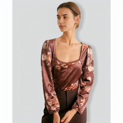 The Brown Square Neck Floral Lace Blouse
