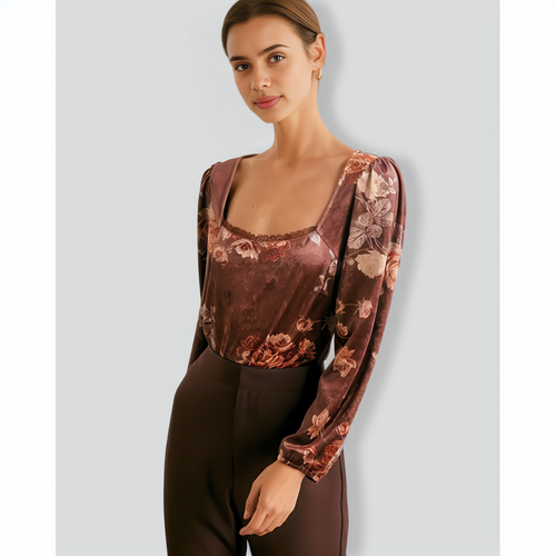 The Brown Square Neck Floral Lace Blouse