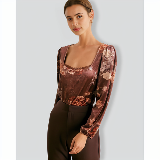The Brown Square Neck Floral Lace Blouse