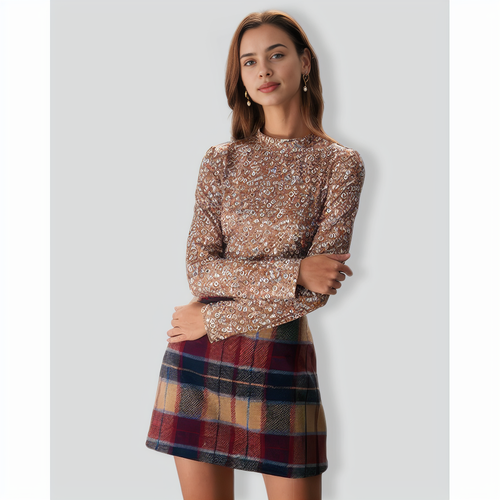 The Brown Mock Neck Floral Daisy Print Tee