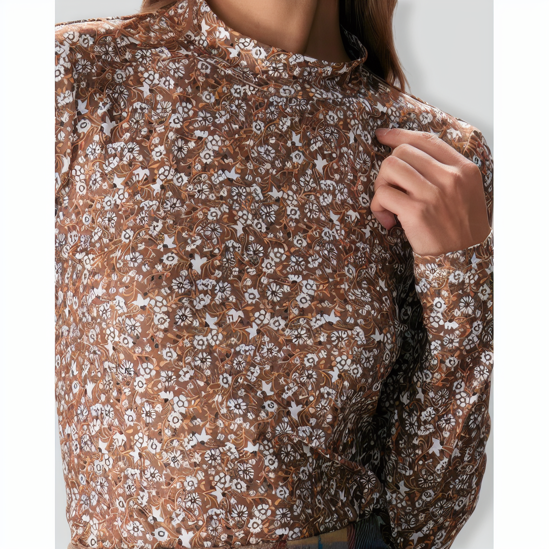 The Brown Mock Neck Floral Daisy Print Tee