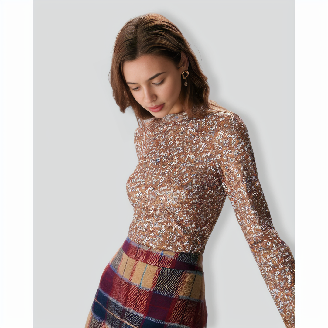 The Brown Mock Neck Floral Daisy Print Tee