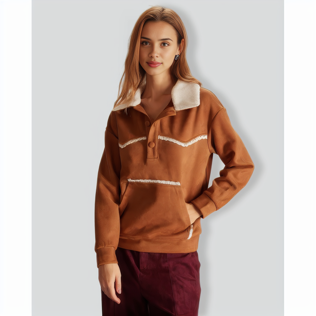The Brown Lapel Button Suede Sweatshirt