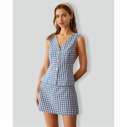 The Blue V Neck Plaid Vest