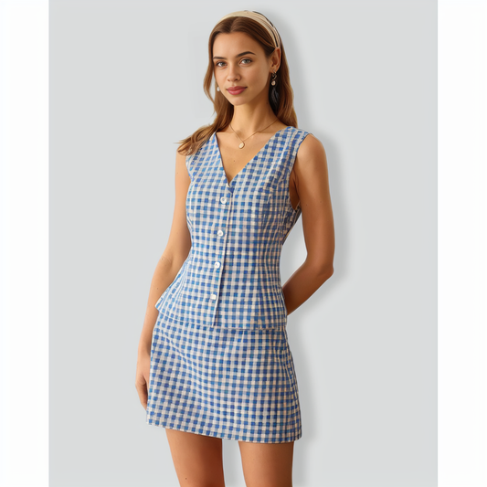 The Blue V Neck Plaid Vest