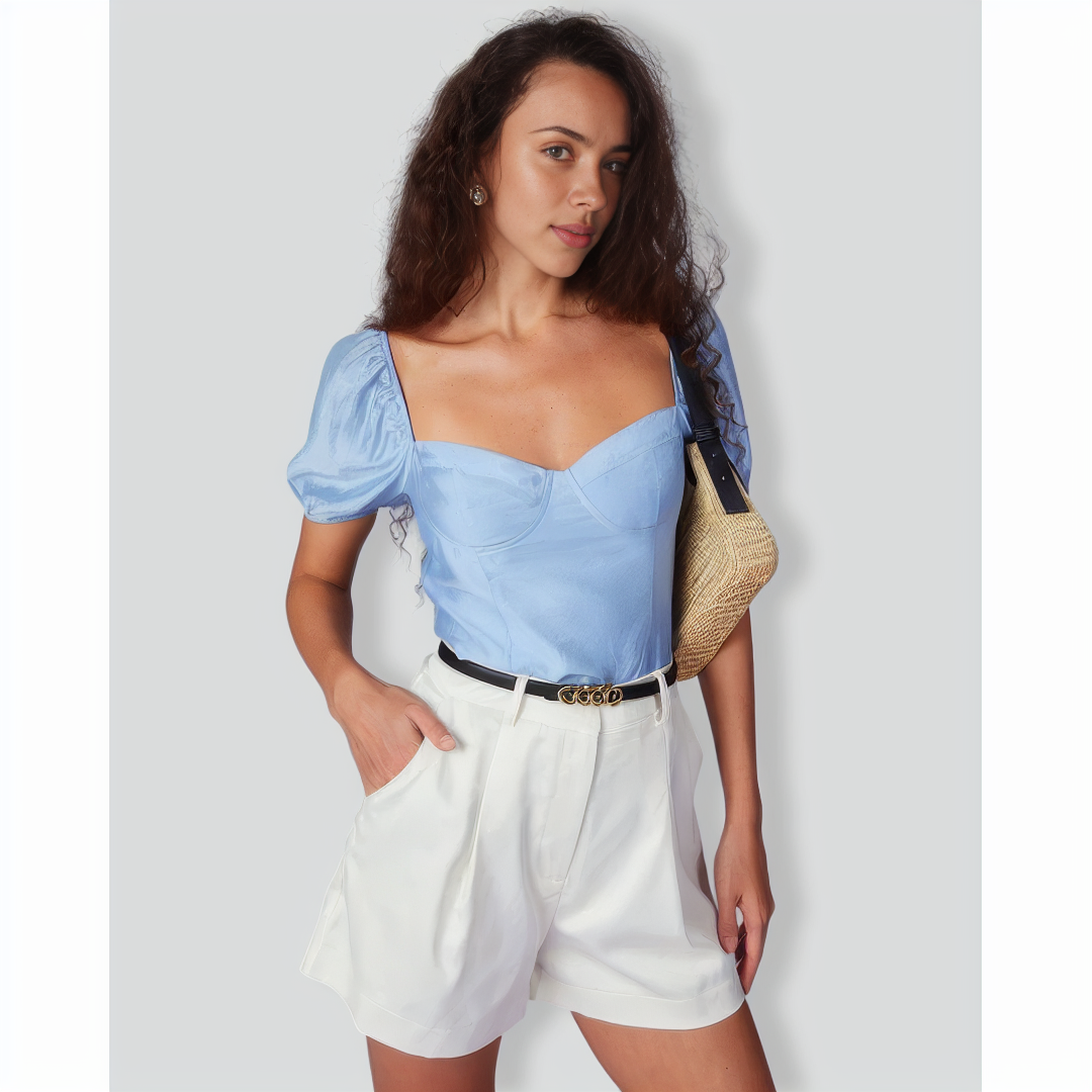 The Blue Sweetheart Neck Puff Sleeve Blouse