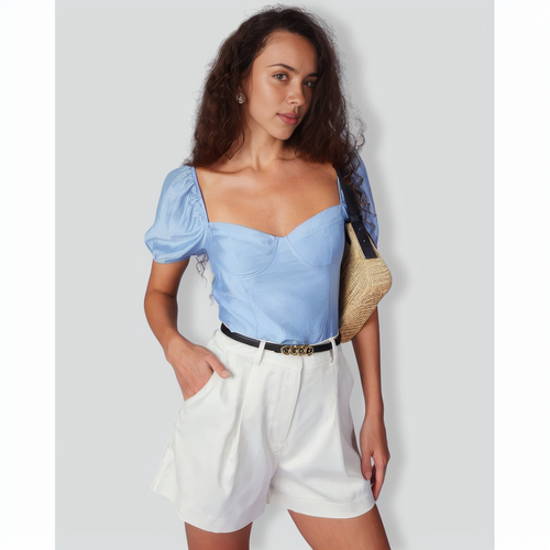 The Blue Sweetheart Neck Puff Sleeve Blouse