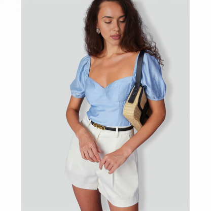 The Blue Sweetheart Neck Puff Sleeve Blouse