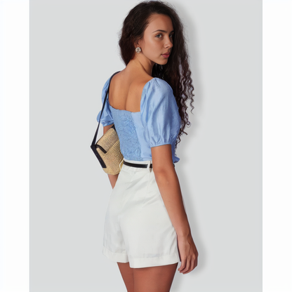 The Blue Sweetheart Neck Puff Sleeve Blouse