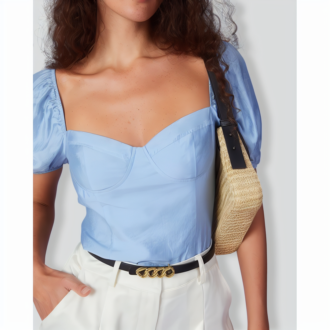 The Blue Sweetheart Neck Puff Sleeve Blouse