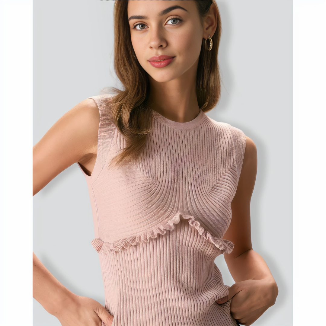 The Apricot Crew Neck Ruffle Knit Tank Top