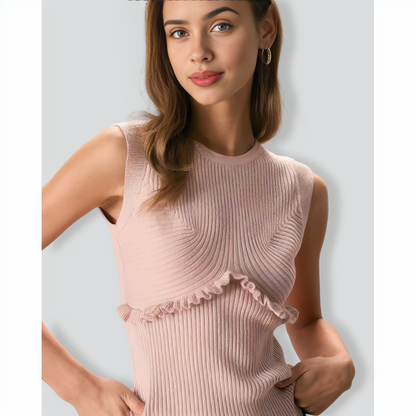 The Apricot Crew Neck Ruffle Knit Tank Top
