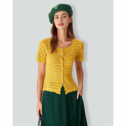 Yellow Crochet Single-Breasted Cardigan