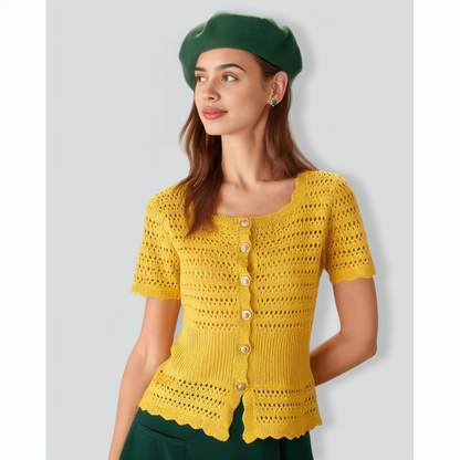 Yellow Crochet Single-Breasted Cardigan