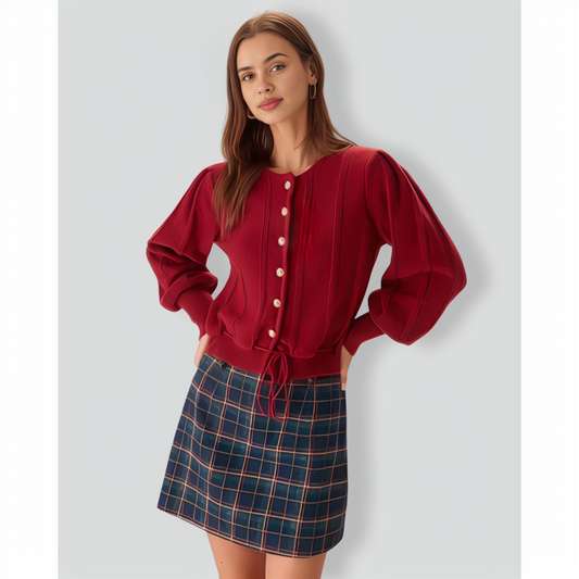 Red Lantern Sleeve Single-Breasted Cardigan