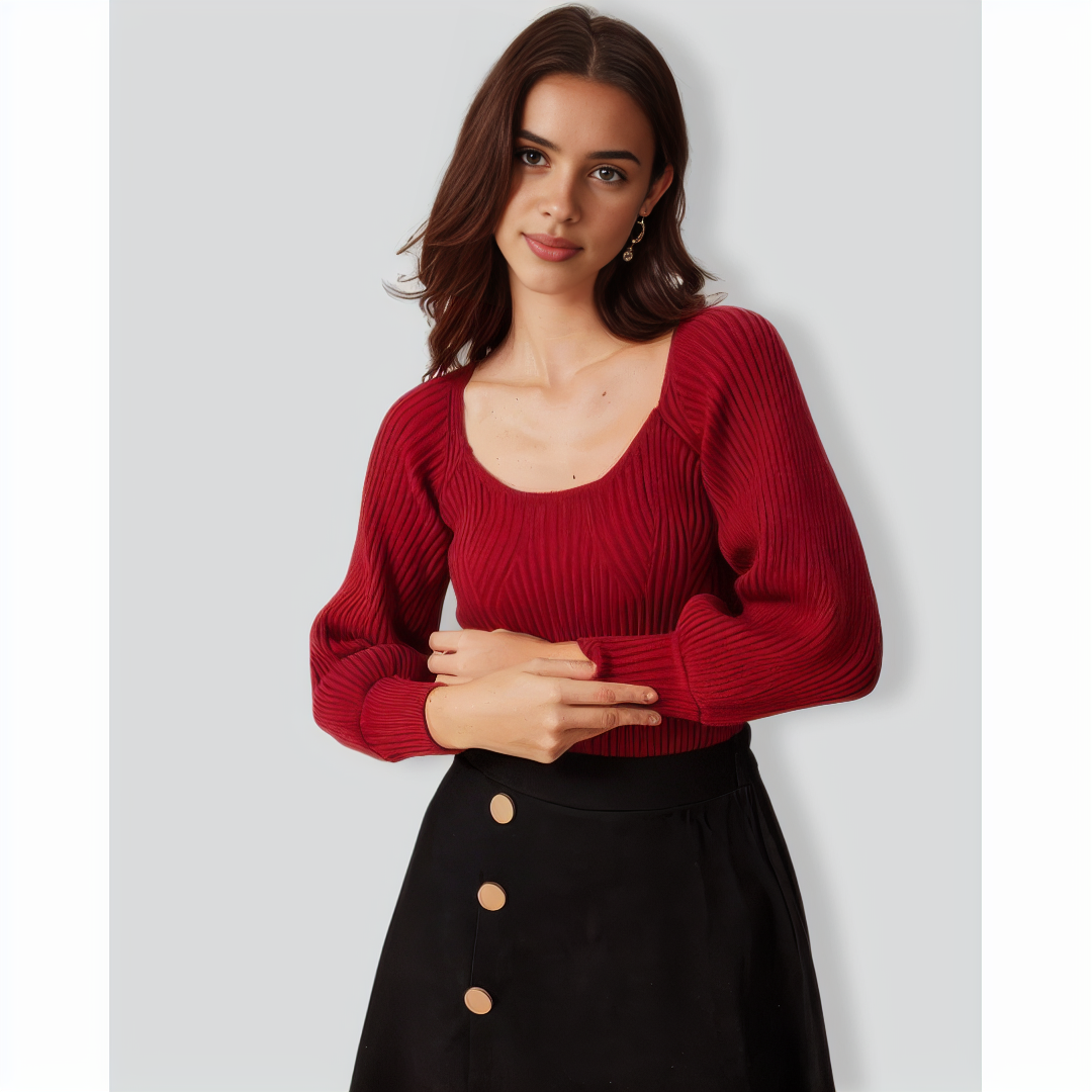 The Red Scoop Neck Lantern Sleeve Sweater