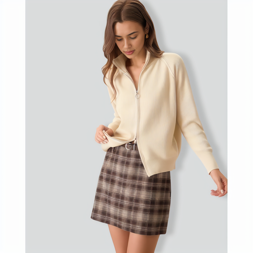 Women's Apricot Ribbed Knit Zipper Cardigan