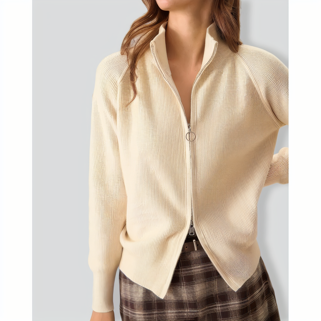 Women's Apricot Ribbed Knit Zipper Cardigan