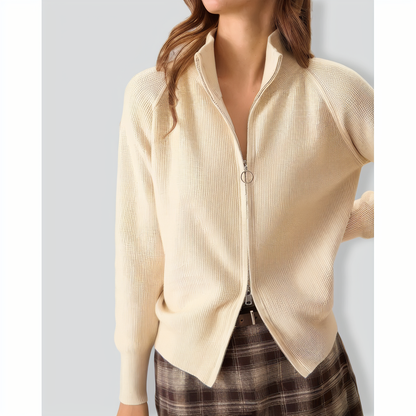 Women's Apricot Ribbed Knit Zipper Cardigan