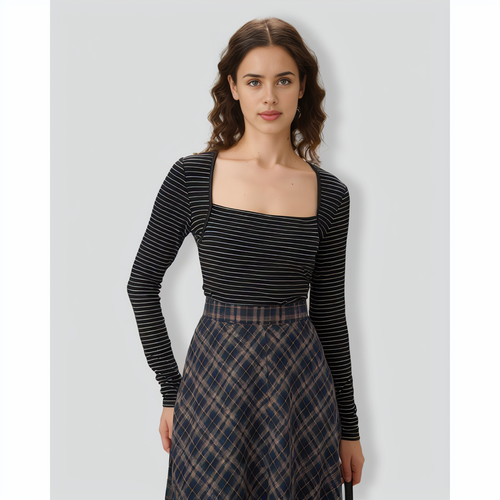 Black Square Neck Striped Knit Tee