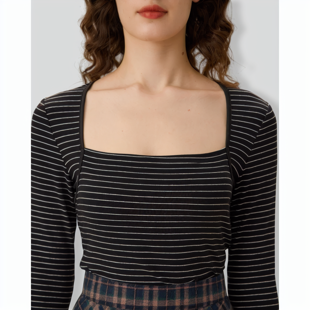 Black Square Neck Striped Knit Tee