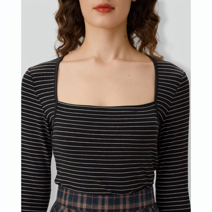 Black Square Neck Striped Knit Tee