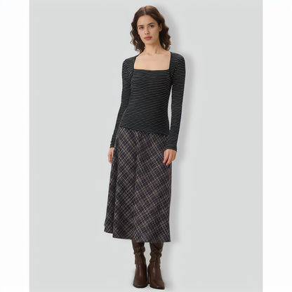 Black Square Neck Striped Knit Tee