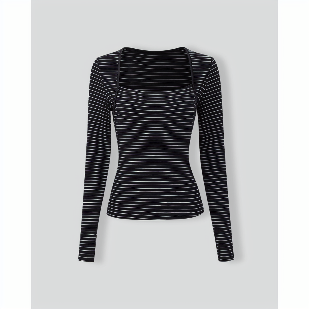 Black Square Neck Striped Knit Tee