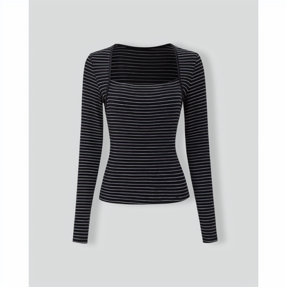 Black Square Neck Striped Knit Tee