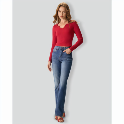 Women's Red Long Sleeve Ribbed Knit Top