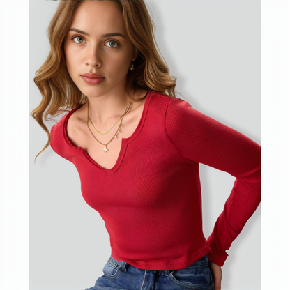 Women's Red Long Sleeve Ribbed Knit Top