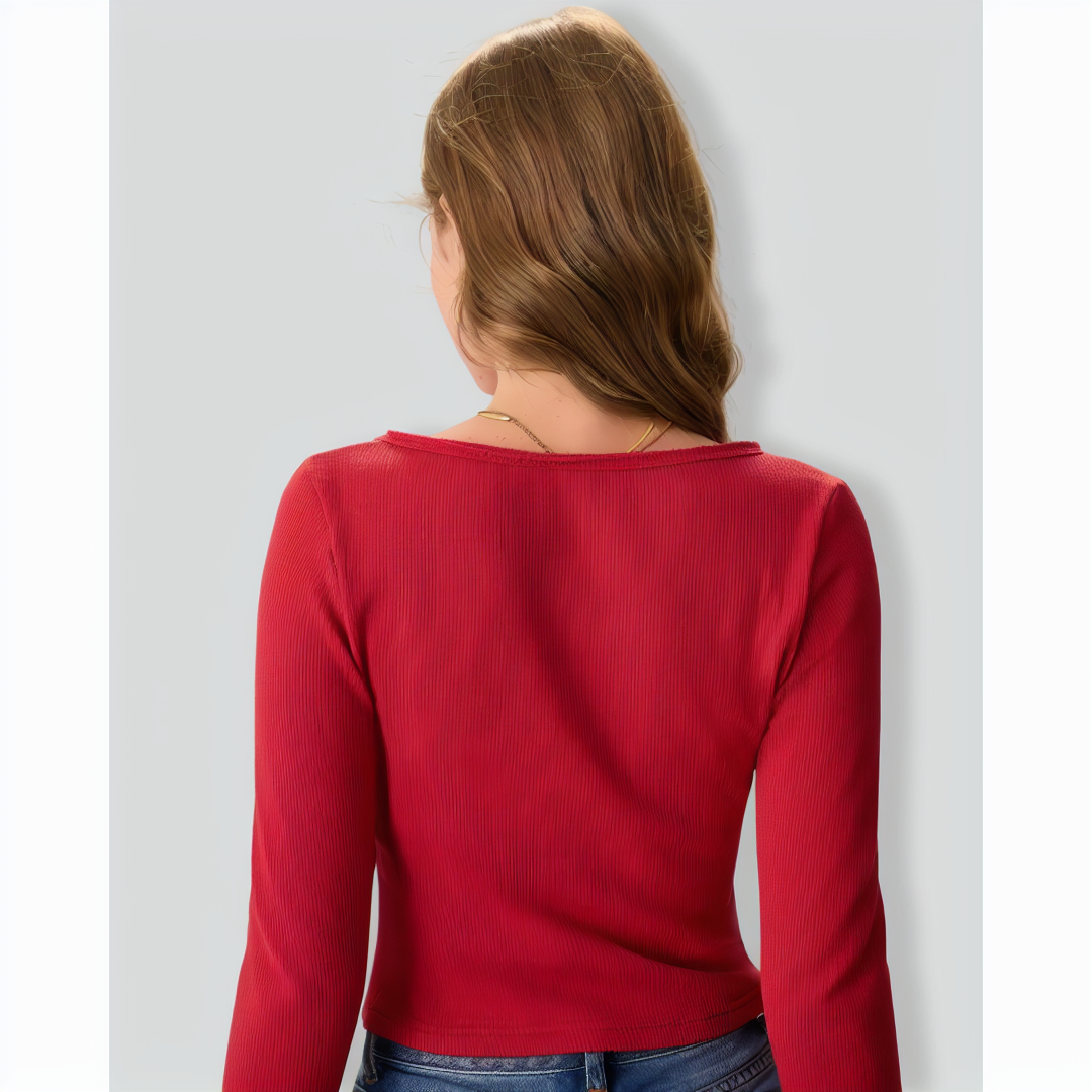 Women's Red Long Sleeve Ribbed Knit Top