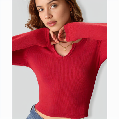 Women's Red Long Sleeve Ribbed Knit Top