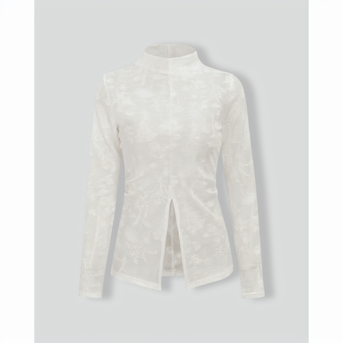 Women's White Jacquard Mock Neck Slit Tee