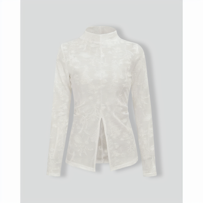 Women's White Jacquard Mock Neck Slit Tee