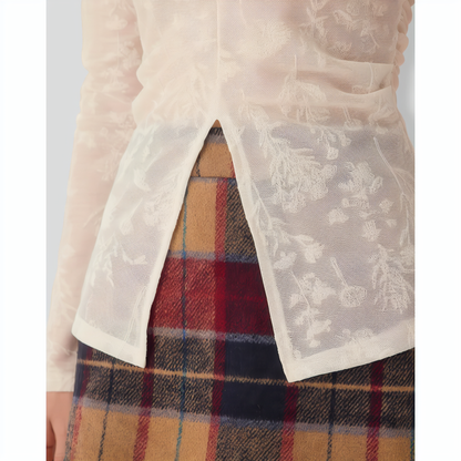 Women's White Jacquard Mock Neck Slit Tee