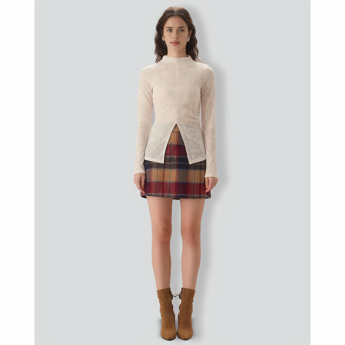 Women's White Jacquard Mock Neck Slit Tee